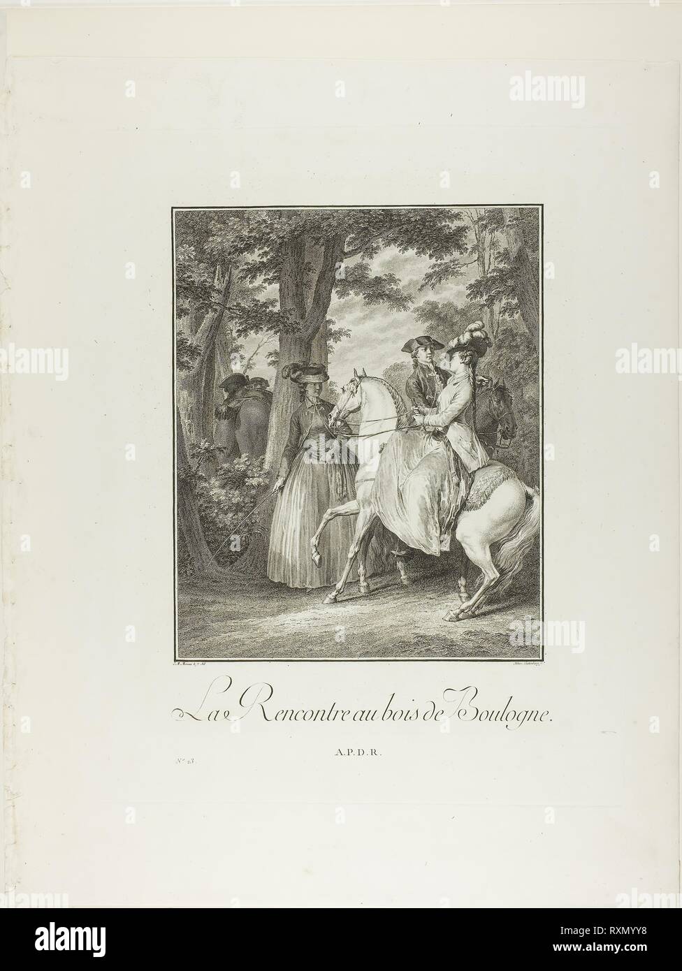 Meeting in the Woods of Boulogne, from Monument du Costume Physique et Moral de la fin du Dix-huitième siècle. Heinrich Guttenberg (German, 1749-1818); after Jean Michel Moreau (French, 1741-1814); published by Laurent-François Prault (French 1712-1780). Date: 1776-1783. Dimensions: 272 x 220 mm (image); 411 x 321 mm (plate); 514 x 410 mm (sheet, folded). Engraving on paper. Origin: Germany. Museum: The Chicago Art Institute. Stock Photo
