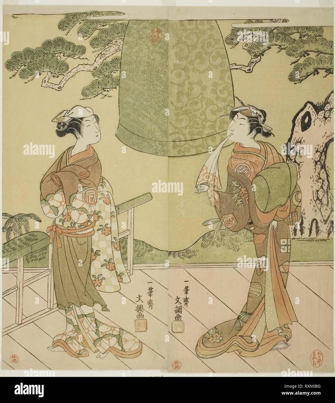 The Actors Ichimura Uzaemon IX as Shume no Hangan Morihisa (right), and Sanogawa Ichimatsu II as Chujo (left), in the Play Edo no Hana Wakayagi Soga, Performed at the Ichimura Theater in the Second Month, 1769. Ippitsusai Buncho; Japanese, active c. 1755-90. Date: 1764-1774. Dimensions: 31.5 x 14.3 cm (12 3/8 x 5 5/8 in.) (right); 31.3 x 14.2 cm (12 5/16 x 5 9/16 in.) (left). Color woodblock print; hosoban; center and left sheets of triptych. Origin: Japan. Museum: The Chicago Art Institute. Stock Photo