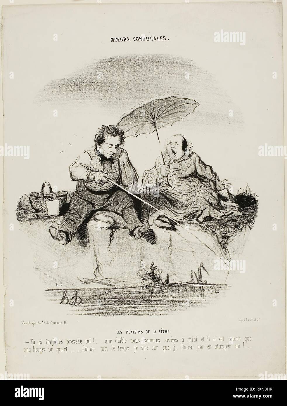The Pleasures of Fishing. '- You are always in such a rush - Good God, we only just got here at noon and it is now only a quarter past five - Just give me a little more time, I am sure I'll end by catching one,' plate 50 from Moeurs Conjugales. Honoré Victorin Daumier; French, 1808-1879. Date: 1842. Dimensions: 241 × 224 mm (image); 343 × 259 mm (sheet). Lithograph in black on white wove paper. Origin: France. Museum: The Chicago Art Institute. Author: Honoré-Victorin Daumier. Stock Photo