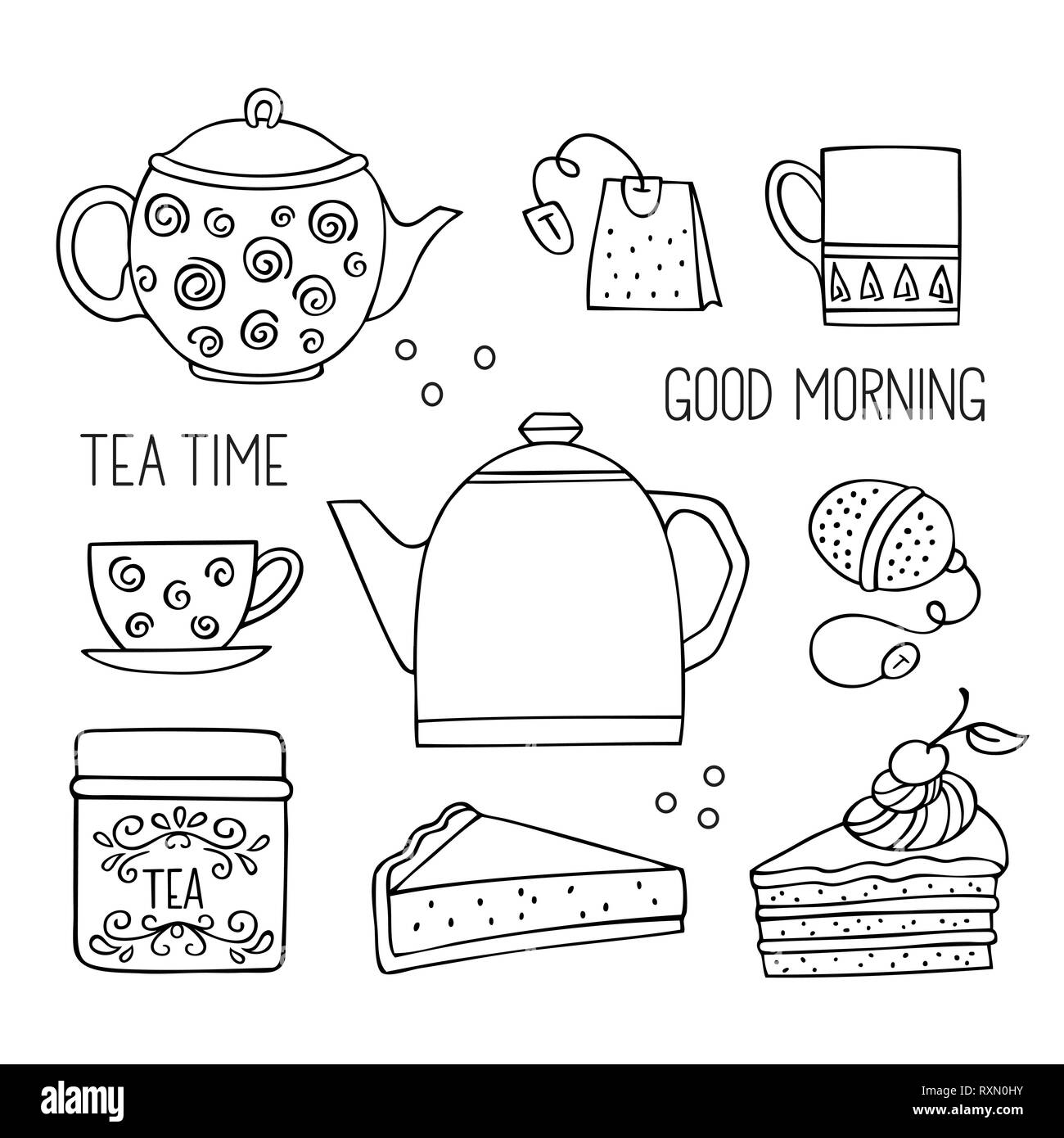 Hand drawn tea time collection. Tea ceremony vector illustration