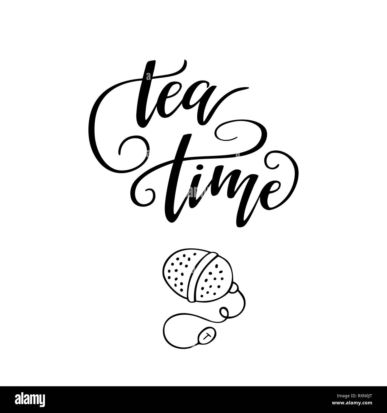 Handwritten phrase "Tea time". Lettering vector illustration Stock