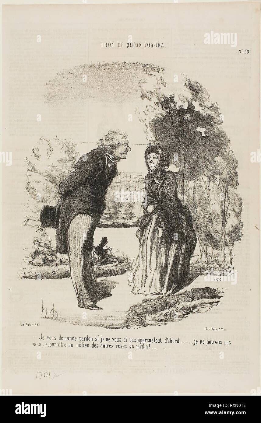 '- I am sorry that I did not recognize you right away. I could not distinguish you from all the other roses!,' plate 55 from Tout Ce Qu'on Voudra. Honoré Victorin Daumier; French, 1808-1879. Date: 1850. Dimensions: 255 × 217 mm (image); 367 × 244 mm (sheet). Lithograph in black on ivory wove paper, with letterpress verso. Origin: France. Museum: The Chicago Art Institute. Author: Honoré-Victorin Daumier. Stock Photo