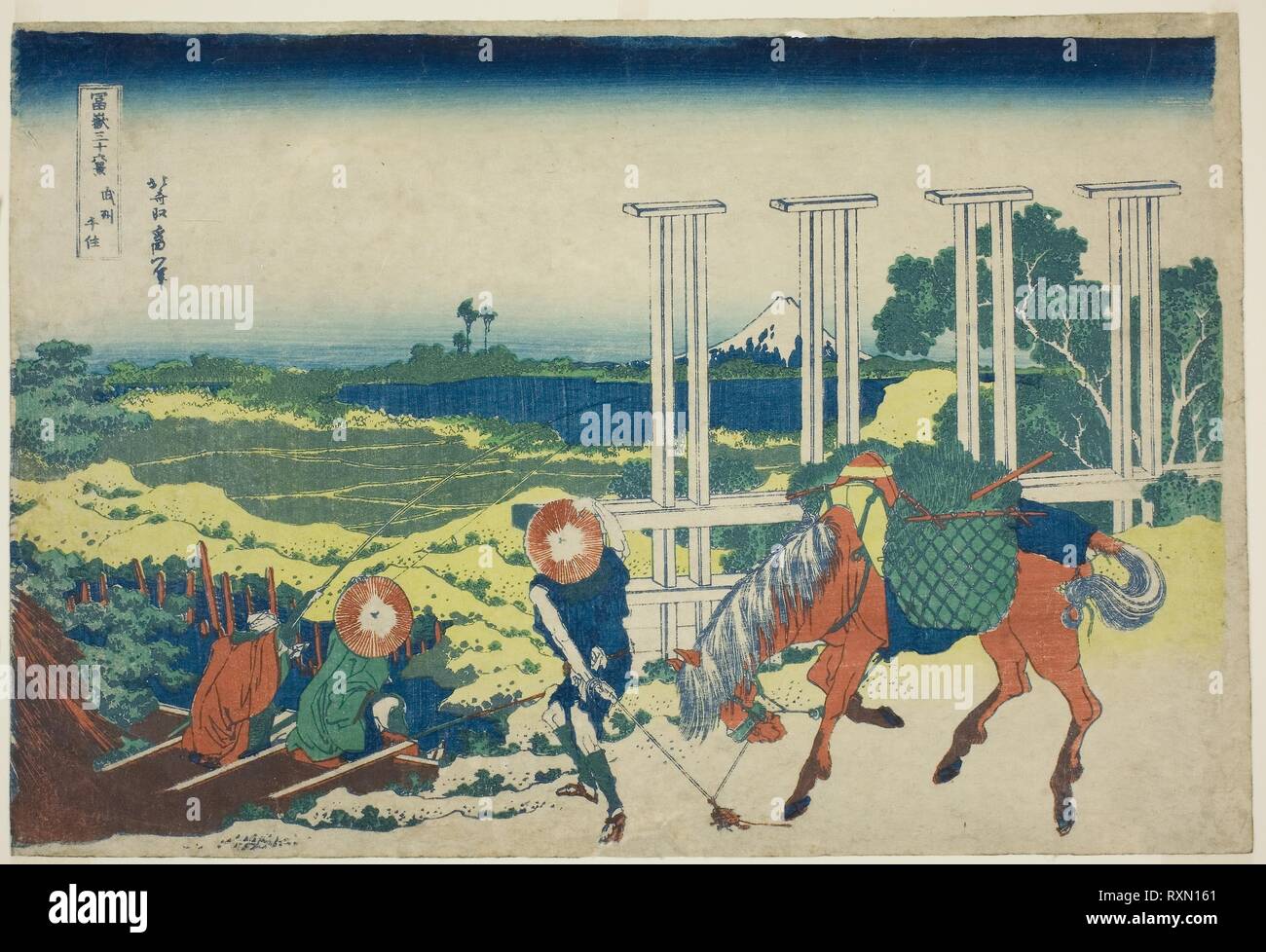 Senju Musashi Province (Bushu Senju), from the series 'Thirty-six Views of Mount Fuji (Fugaku sanjurokkei)'. Katsushika Hokusai ?? ??; Japanese, 1760-1849. Date: 1825-1837. Dimensions: 26.1 x 38.5 cm (10 1/4 x 15 1/8 in.). Color woodblock print; oban. Origin: Japan. Museum: The Chicago Art Institute. Stock Photo