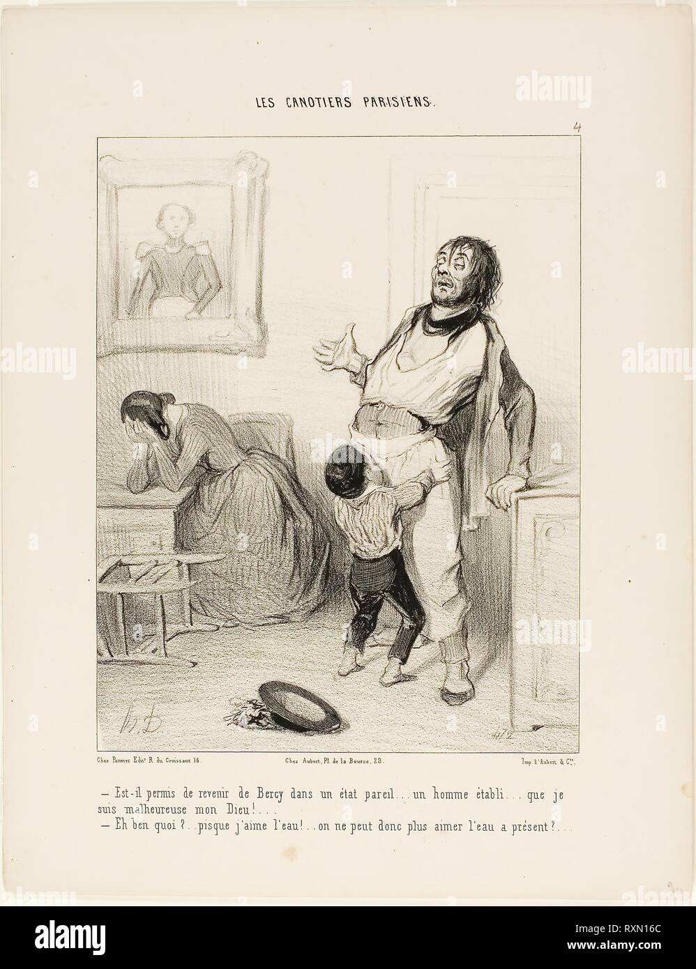 '- It really shouldn't be allowed to return from Bercy in a state like this.... an established man like you.... I am so unhappy, my God! - What's wrong?...after all, I like the water.... am I not allowed to like the water anymore?,' plate 4 from Les Canotiers Parisiens. Honoré Victorin Daumier; French, 1808-1879. Date: 1843. Dimensions: 236 × 185 mm (image); 341 × 264 mm (sheet). Lithograph in black on ivory wove paper. Origin: France. Museum: The Chicago Art Institute. Author: Honoré-Victorin Daumier. Stock Photo