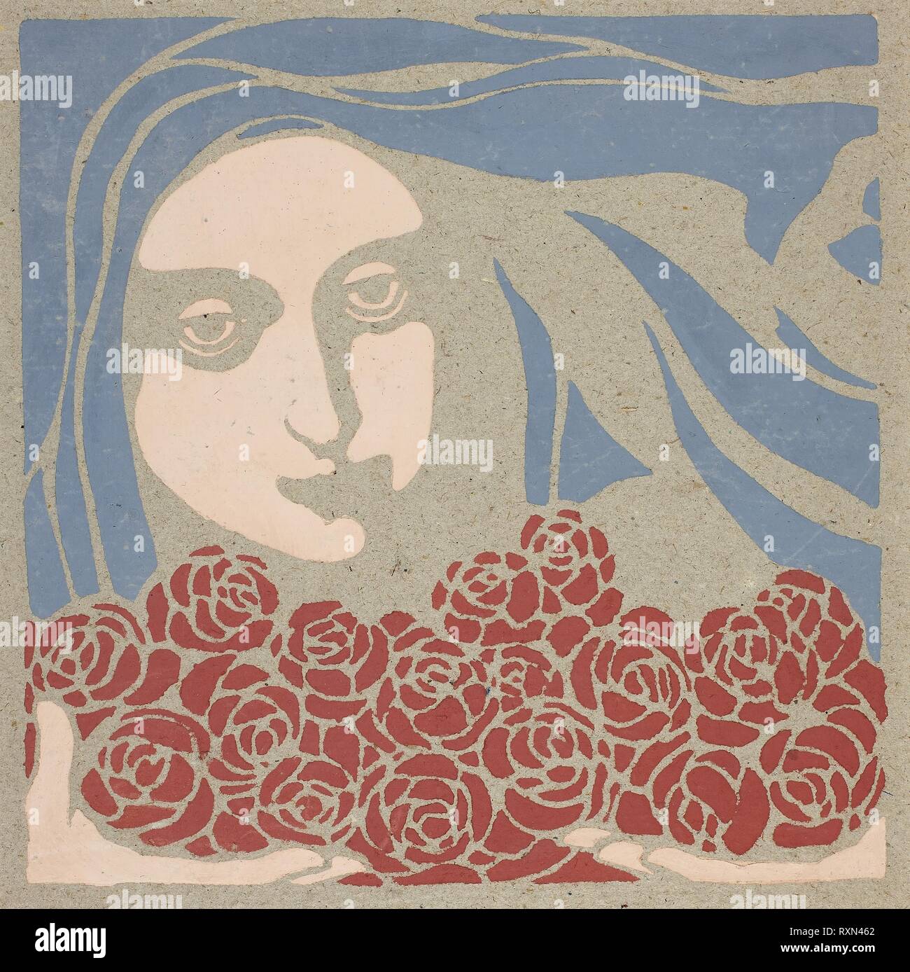 Woman's Head with Roses. Koloman (Kolo) Moser; Austrian, 1868-1918. Date: 1898-1899. Dimensions: . Color pochoir on paper. Origin: Austria. Museum: The Chicago Art Institute. Stock Photo