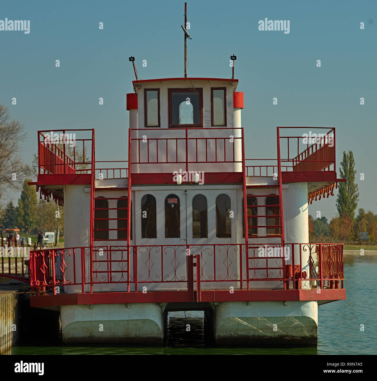 Front view on a white and red raft that look like a boat Stock Photo