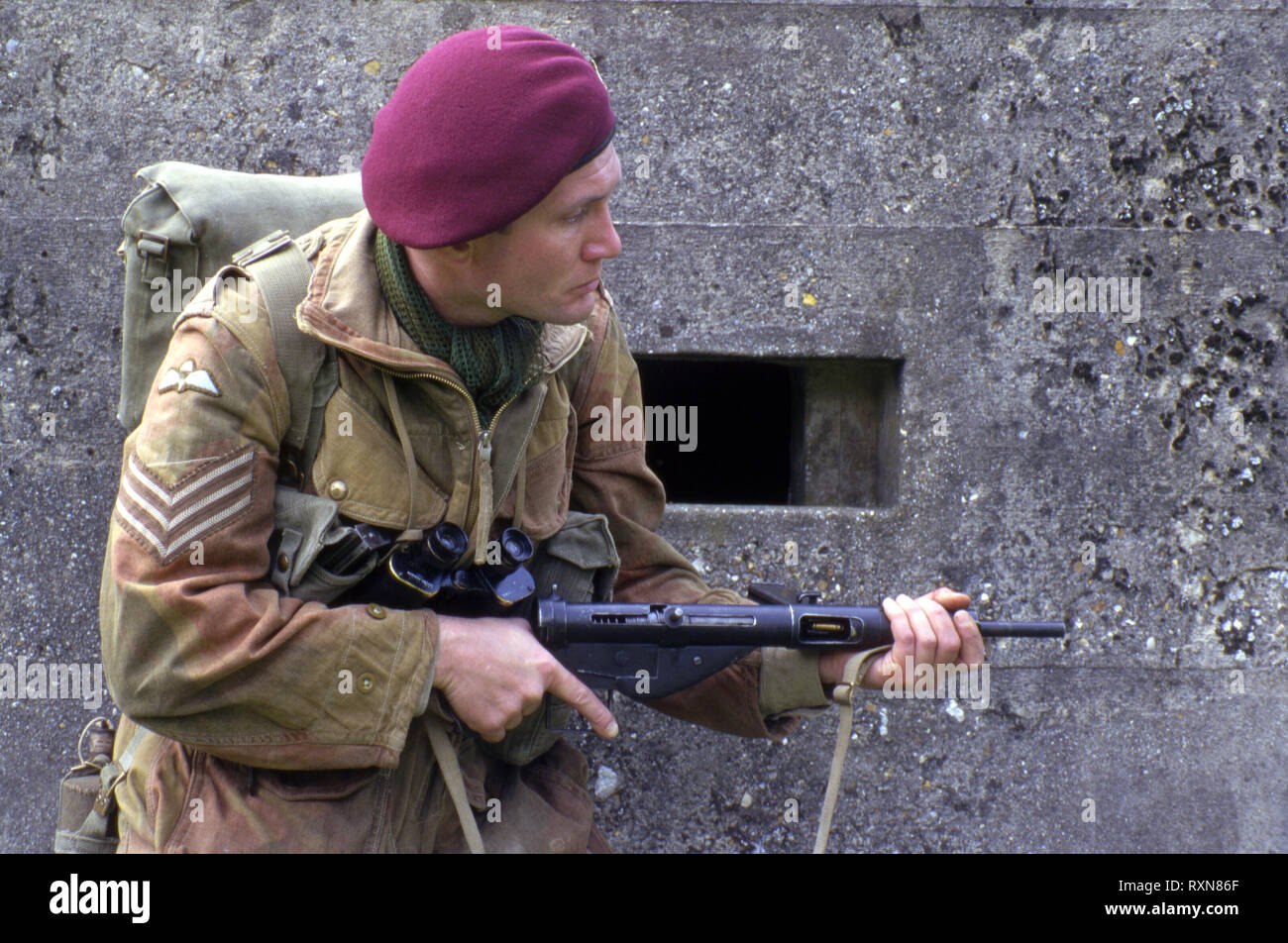 WW2 British Paratrooper with Sten Machine Gun (Reenactor Stock Photo