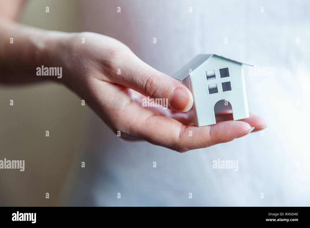 Female Woman Hands Holding Small Miniature White Toy House