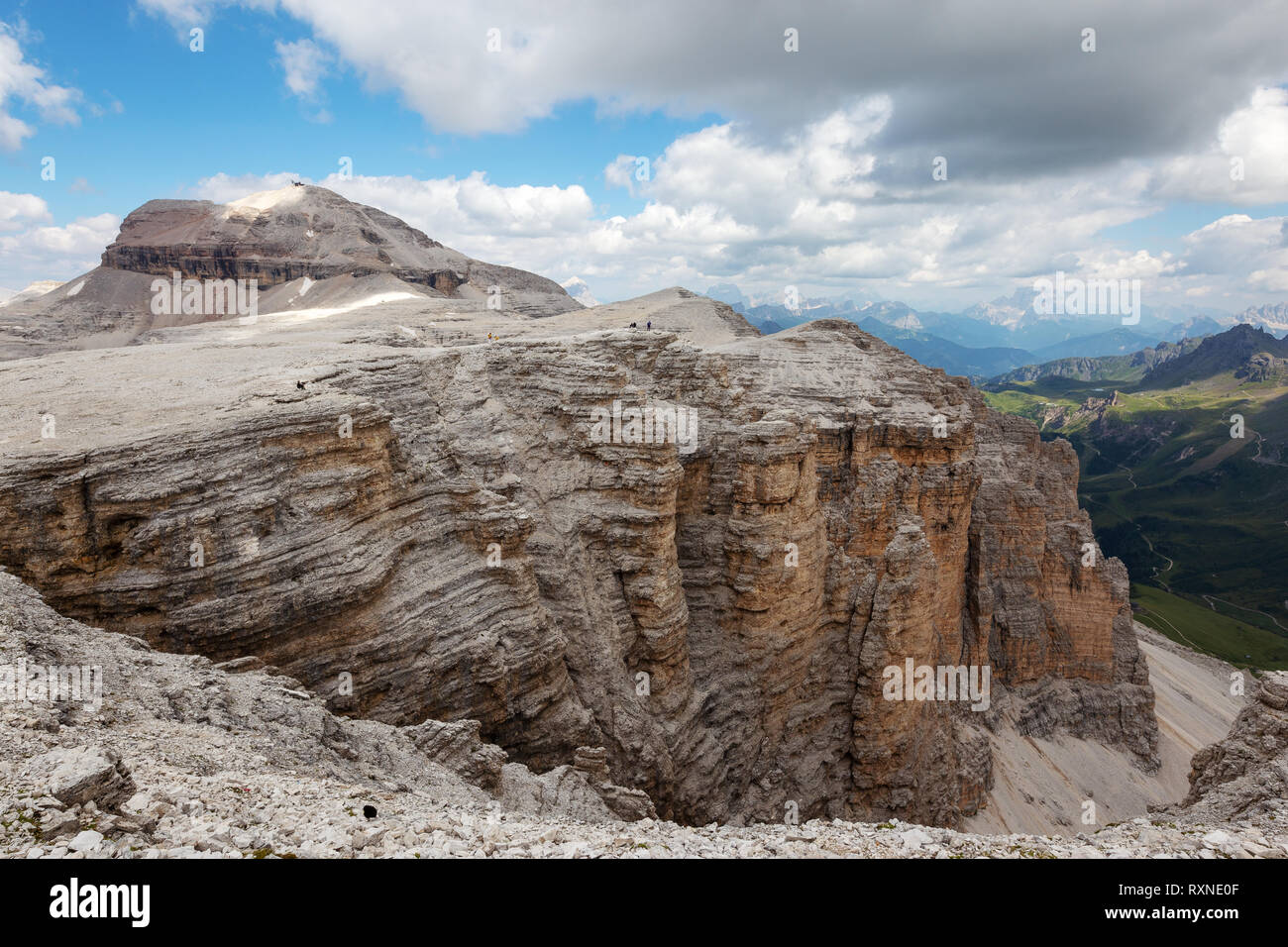 The Sella mountain group. Geological aspects of sedimentary rocks and karst. View on Piz Boè peak. The Dolomites. Italian Alps. Europe. Stock Photo