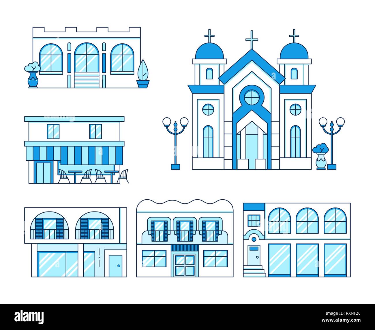 Line art set of houses with balcony, church, shop, cafe with chairs and tables outdoors, cityscape concept, town street, estate collection, vector Stock Vector