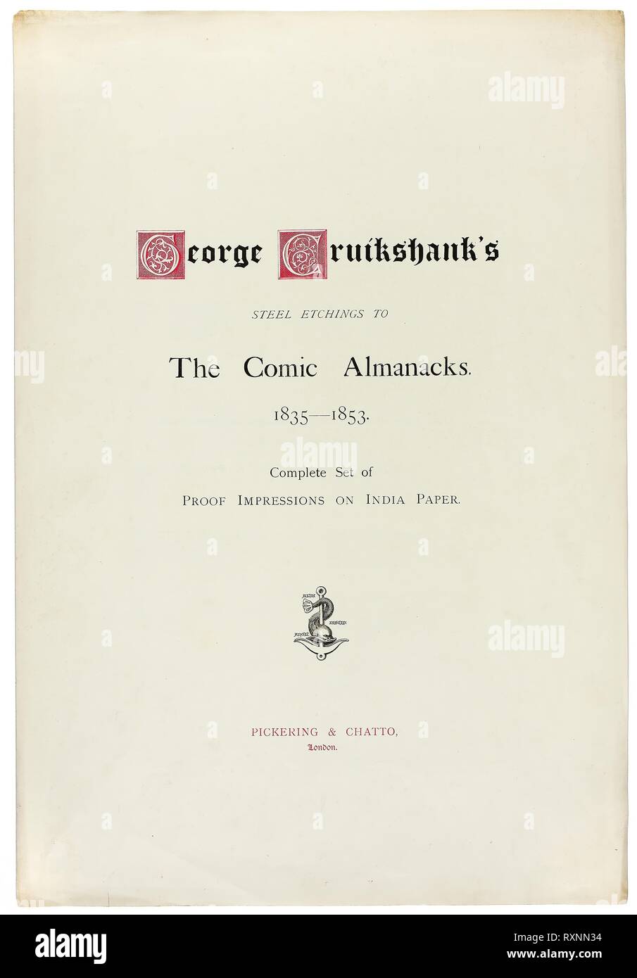 Title Page from George Cruikshank's Steel Etchings to The Comic Almanacks: 1835-1853. George Cruikshank (English, 1792-1878); published by Pickering &amp; Chatto (English, 19th century). Date: 1880. Dimensions: 507 × 345 mm. Letterpress in red and black on cream wove paper, folded. Origin: England. Museum: The Chicago Art Institute. Stock Photo