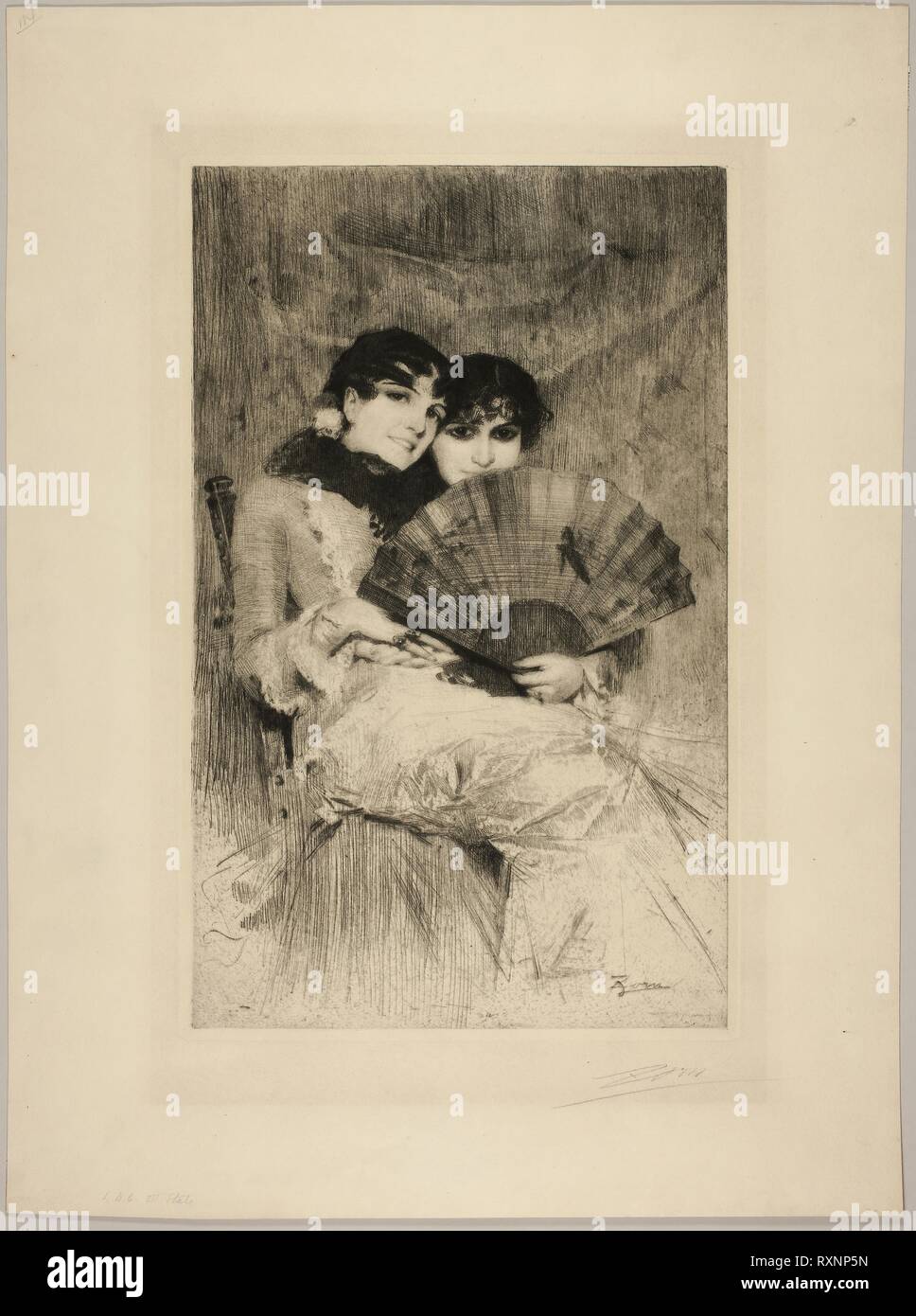 The Cousins. Anders Zorn; Swedish, 1860-1920. Date: 1883. Dimensions: 432 x 268 mm (image); 444 x 279 mm (plate). Etching and drypoint in black on ivory wove paper. Origin: Sweden. Museum: The Chicago Art Institute. Stock Photo