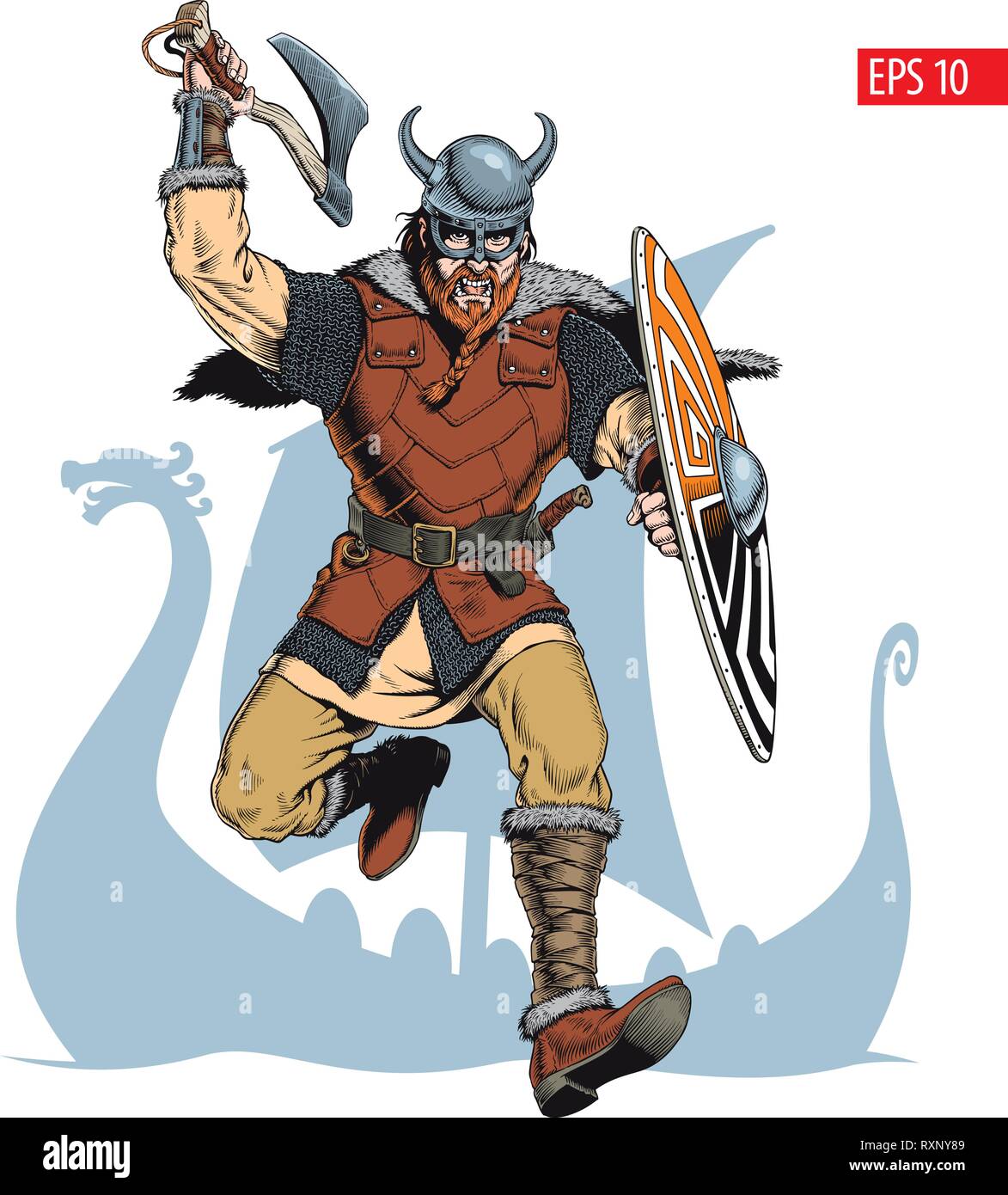 Viking with ax and shield attacks. Comic style vector illustration. Stock Vector