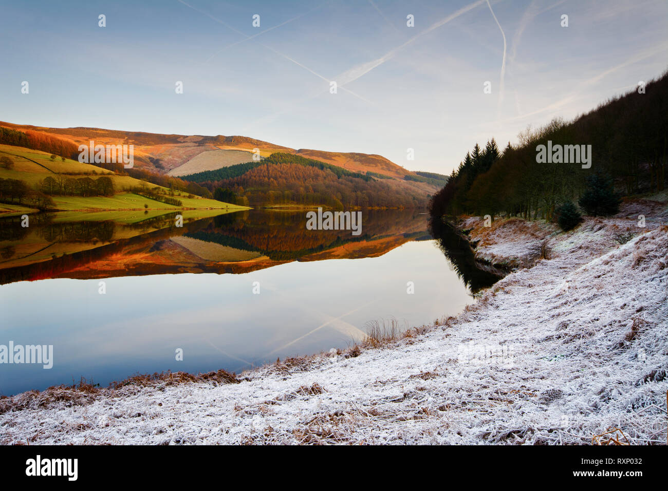 change of seasons, two Worlds in Ladybower Reservoir, Peak District Stock Photo