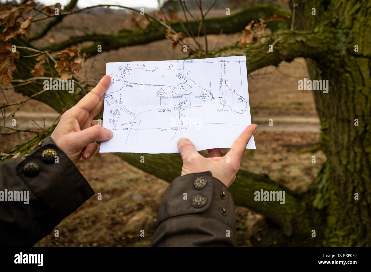 Hand drawn sketch for a beautiful hiking trail around Fincken am See, Germany Stock Photo