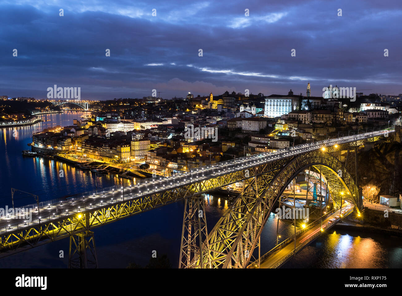 Looking across the Dom Luis bridge to Riberia in Porto Portugal Stock Photo