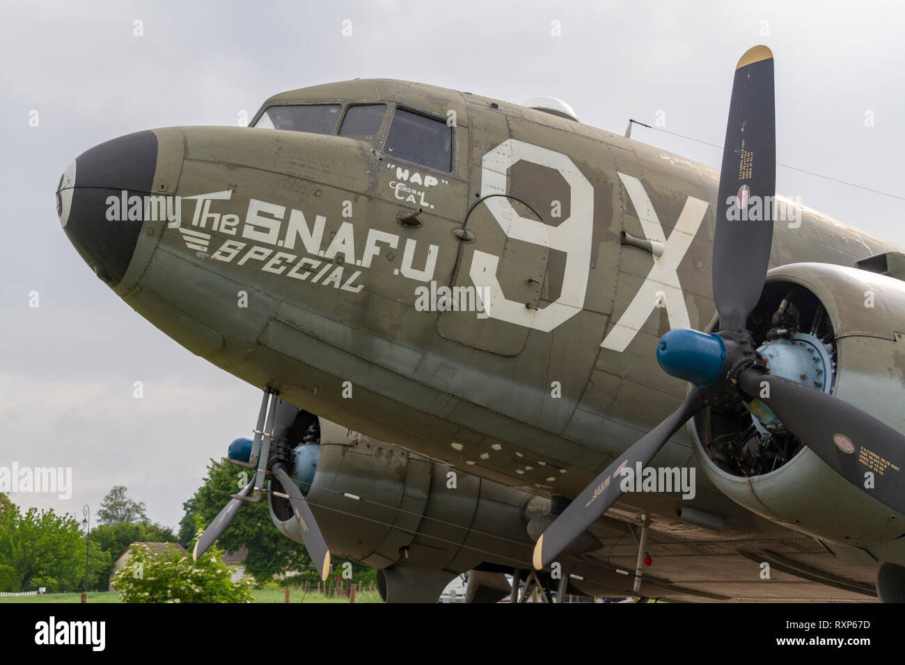 The 'SNAFU Special', a Dakota C47, used in the D-Day landings at the Merville Battery, Normandy. Stock Photo