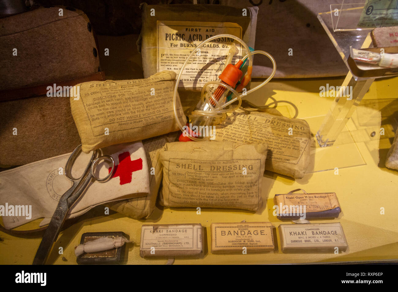 British Army WWII medical equipment on display at the German Battery at Merville, Normandy, France. Stock Photo
