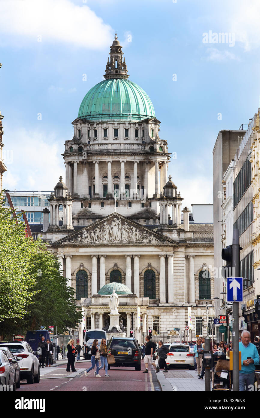 North facade of Belfast City Hall in Donegall Square, as seen from Donegall Place, Belfast, Northern Ireland Stock Photo