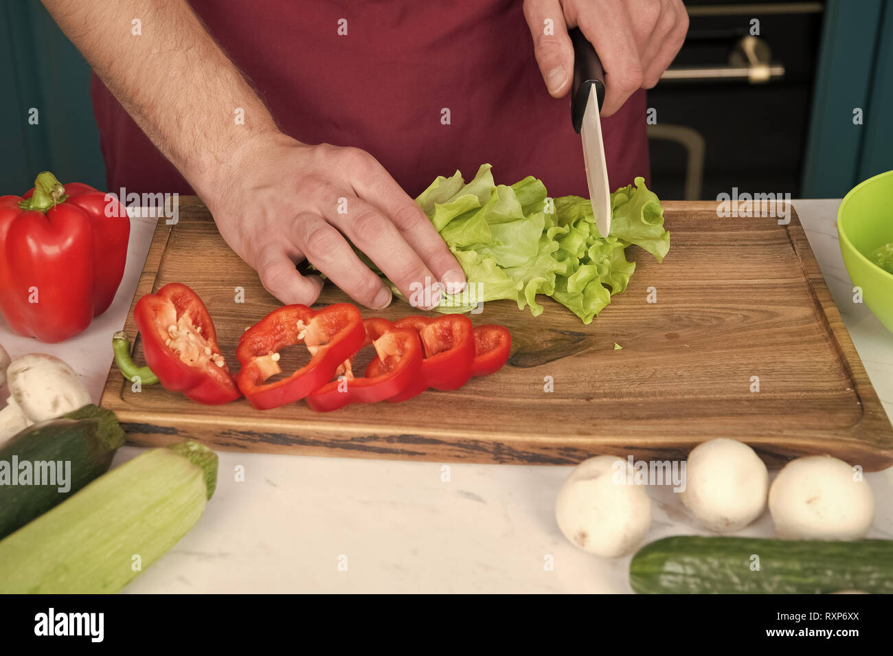 Be careful with knife. Chef teaches how quickly chop vegetables. Chop