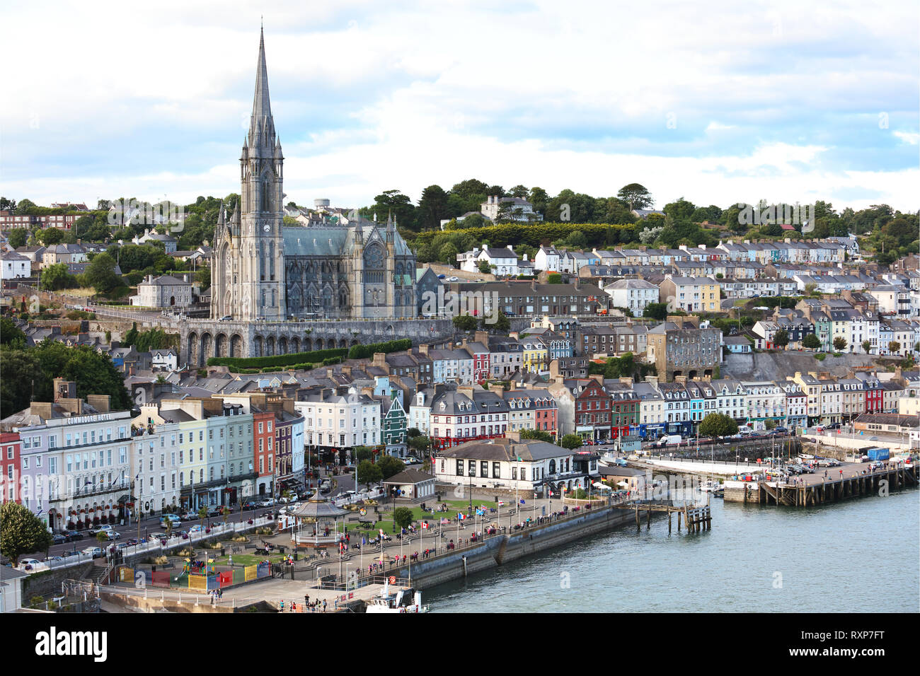 High angle view of the City of Cobh and its most prominent landmark St Colman's Cathedral, Cobh, Ireland Stock Photo