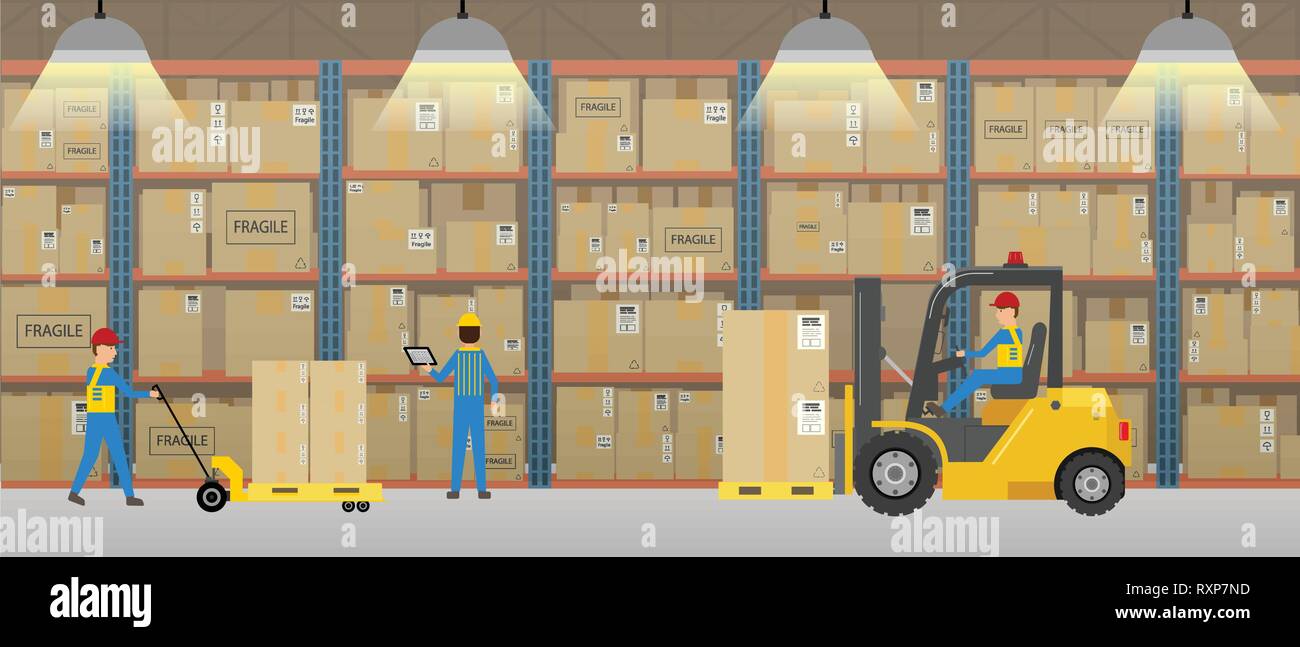 Warehouse interior with workers working flat design vector illustration Stock Vector