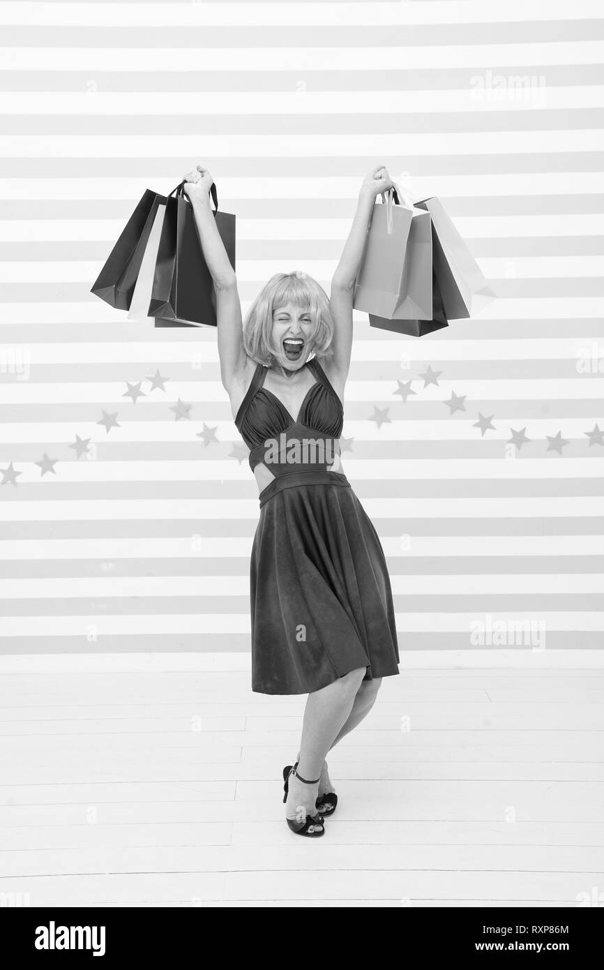 Time to shop. Fashion. Black Friday sales. happy woman go shopping. Happy shopping online. Happy holidays. Crazy girl with shopping bags. Last preparations. big sale in shopping mall. Stock Photo