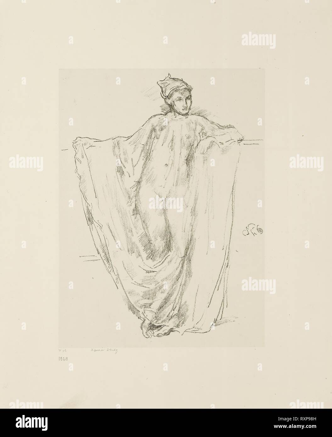 Figure Study. James McNeill Whistler; American, 1834-1903. Date: 1894. Dimensions: 186 x 141 mm (image); 195 x 144 mm (primary support); 344 x 252 mm (secondary support). Transfer lithograph in black on grayish white chine, laid down on white plate paper. Origin: United States. Museum: The Chicago Art Institute. Stock Photo