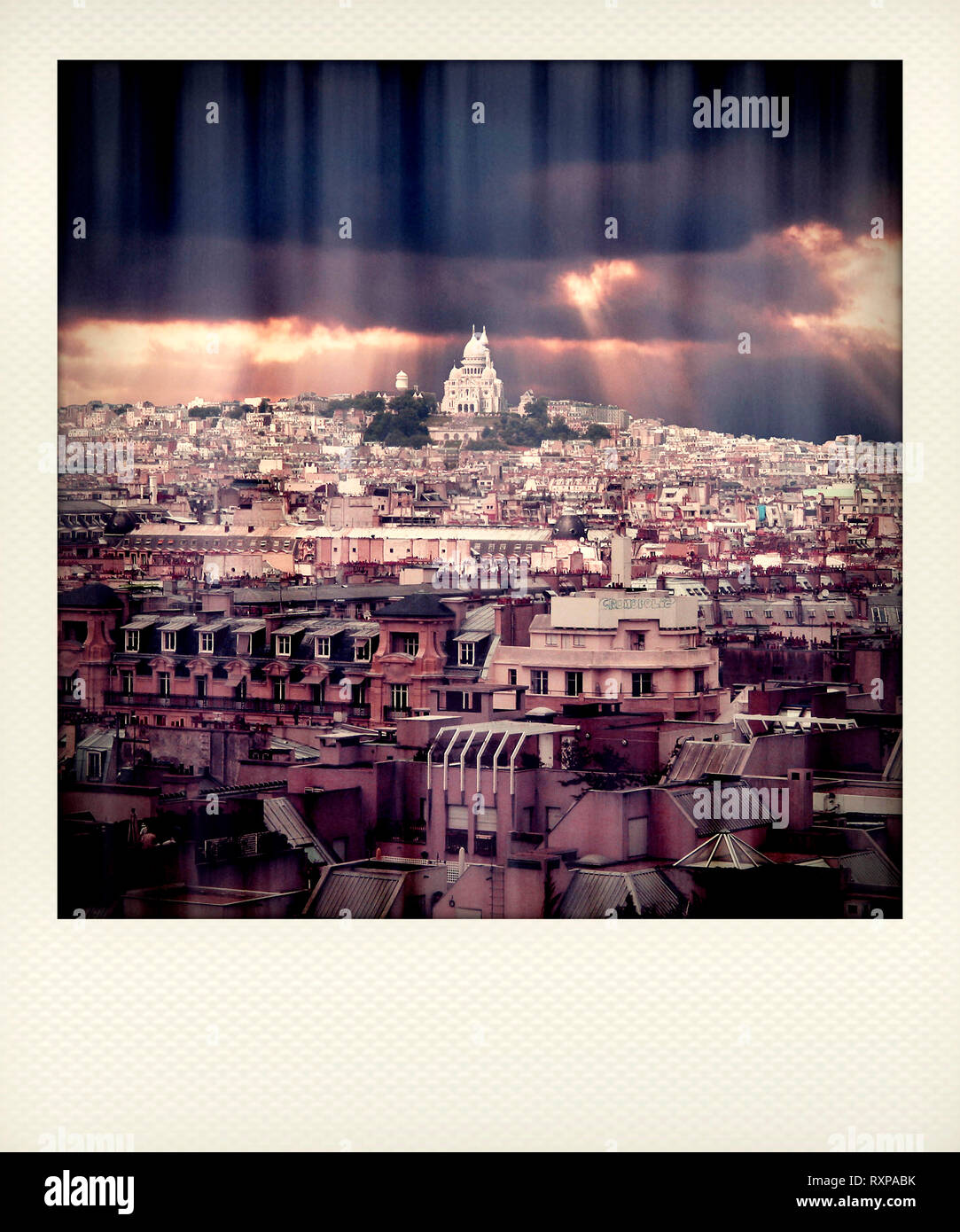 Polaroid effect, wiew on roofs of Paris and Montmartre. Ile de France.  France Stock Photo