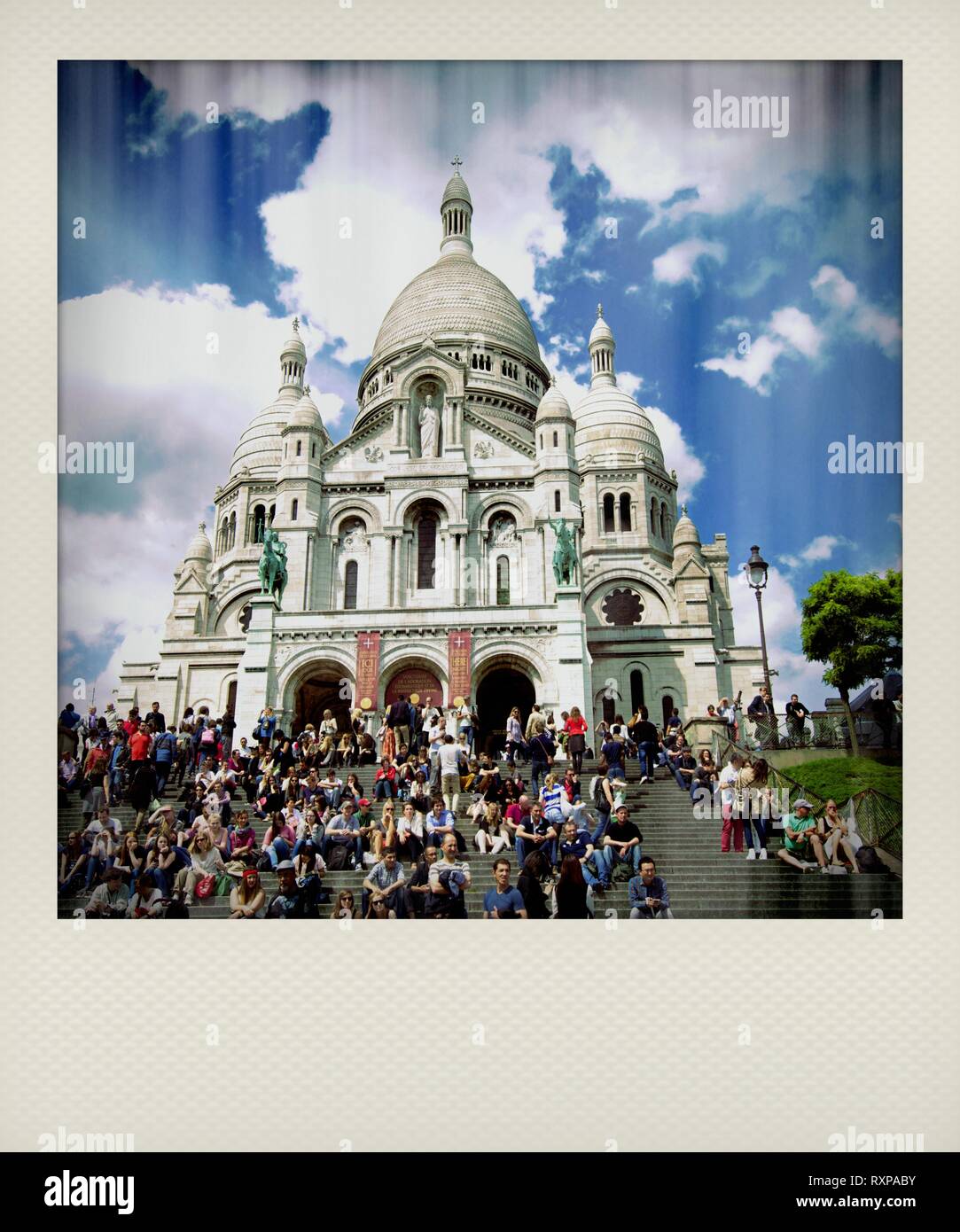 Polaroid effect, Sacre Coeur Basilica, Montmartre, Paris, France with  tourists on the steps Stock Photo - Alamy