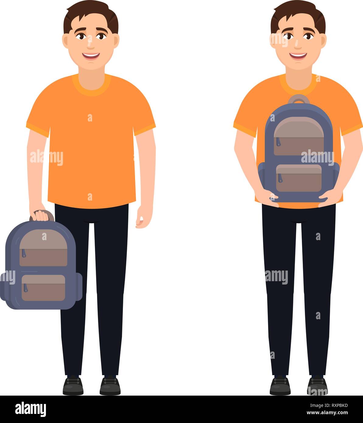 Happy guy holding backpack, student with backpack, character in cartoon