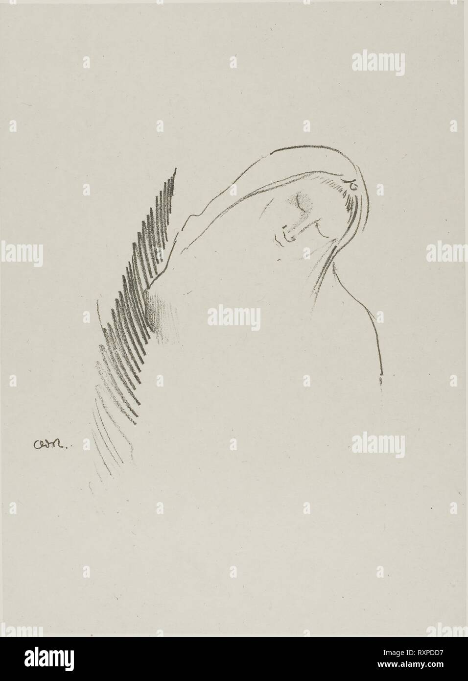 Sleep. Odilon Redon; French, 1840-1916. Date: 1898. Dimensions: 125 × 125 mm (image); 224 × 165 mm (chine); 433 × 313 mm (sheet). Lithograph in black on light gray China paper laid down on ivory wove paper. Origin: France. Museum: The Chicago Art Institute. Stock Photo