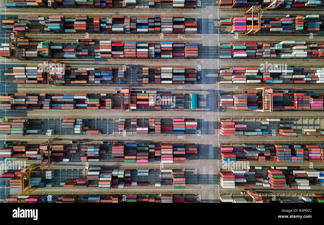 aerial view of cargo container ship port Stock Photo
