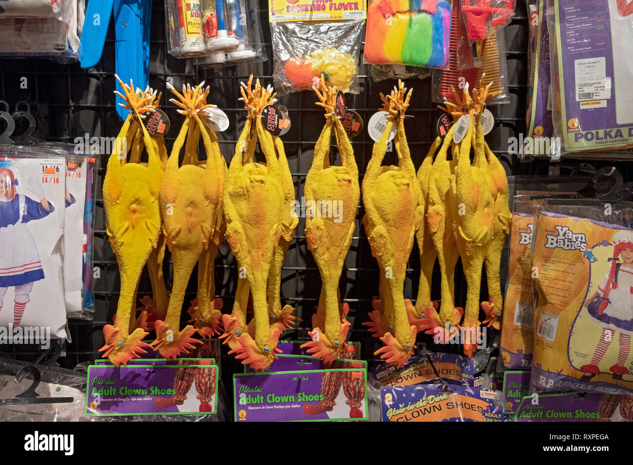 Rubber chickens for sale at the Halloween Adventure, a large costume