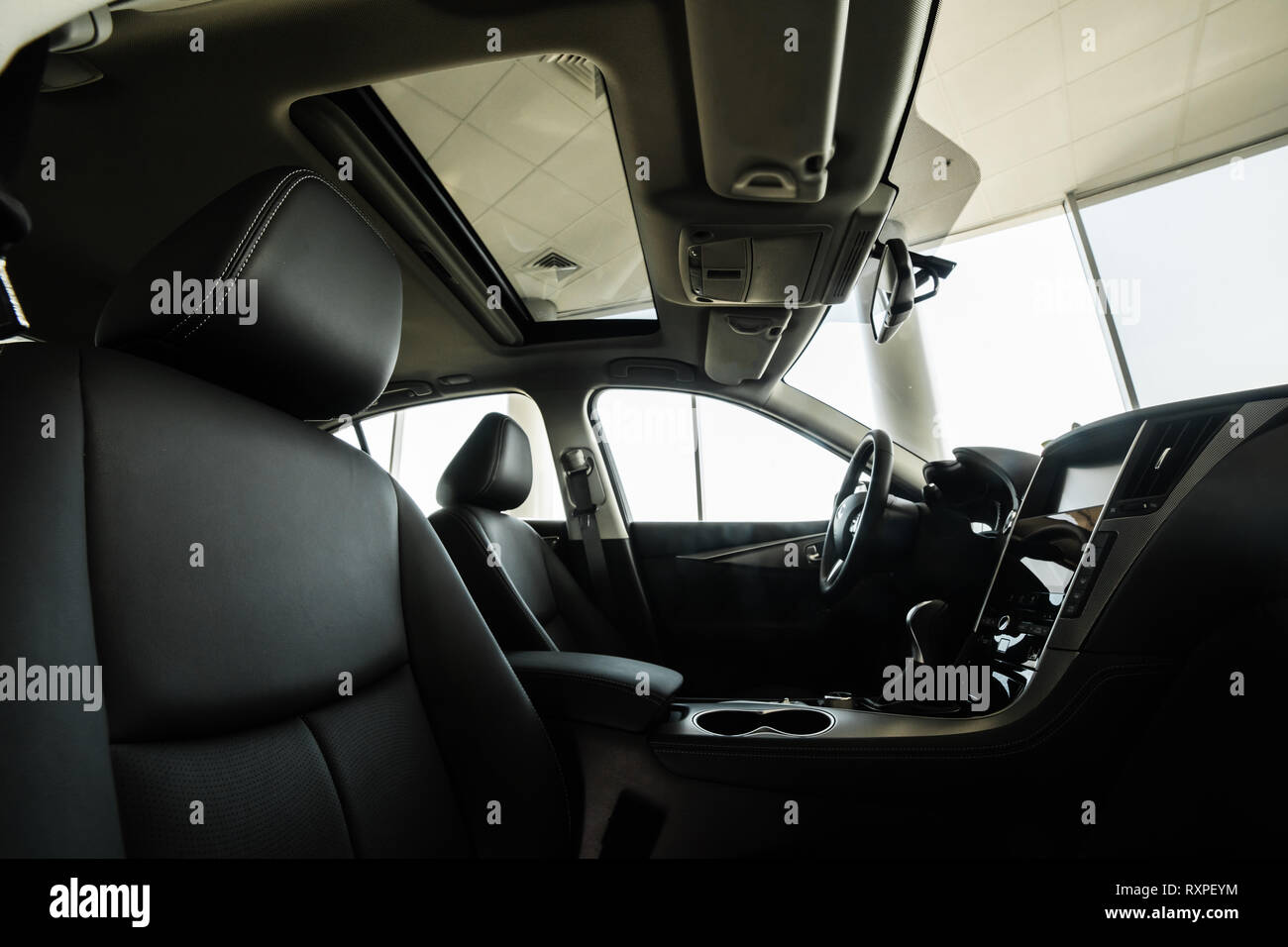 details of the car interior, black leather interior Stock Photo Alamy