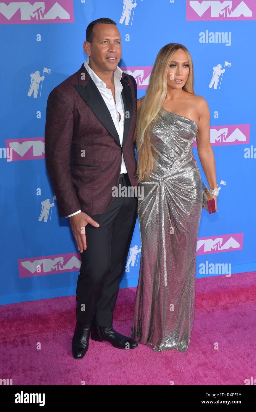 Alex Rodriguez and Jennifer Lopez attend the 2018 MTV Video Music Awards at Radio City Music Hall on August 20, 2018 in New York City. Stock Photo