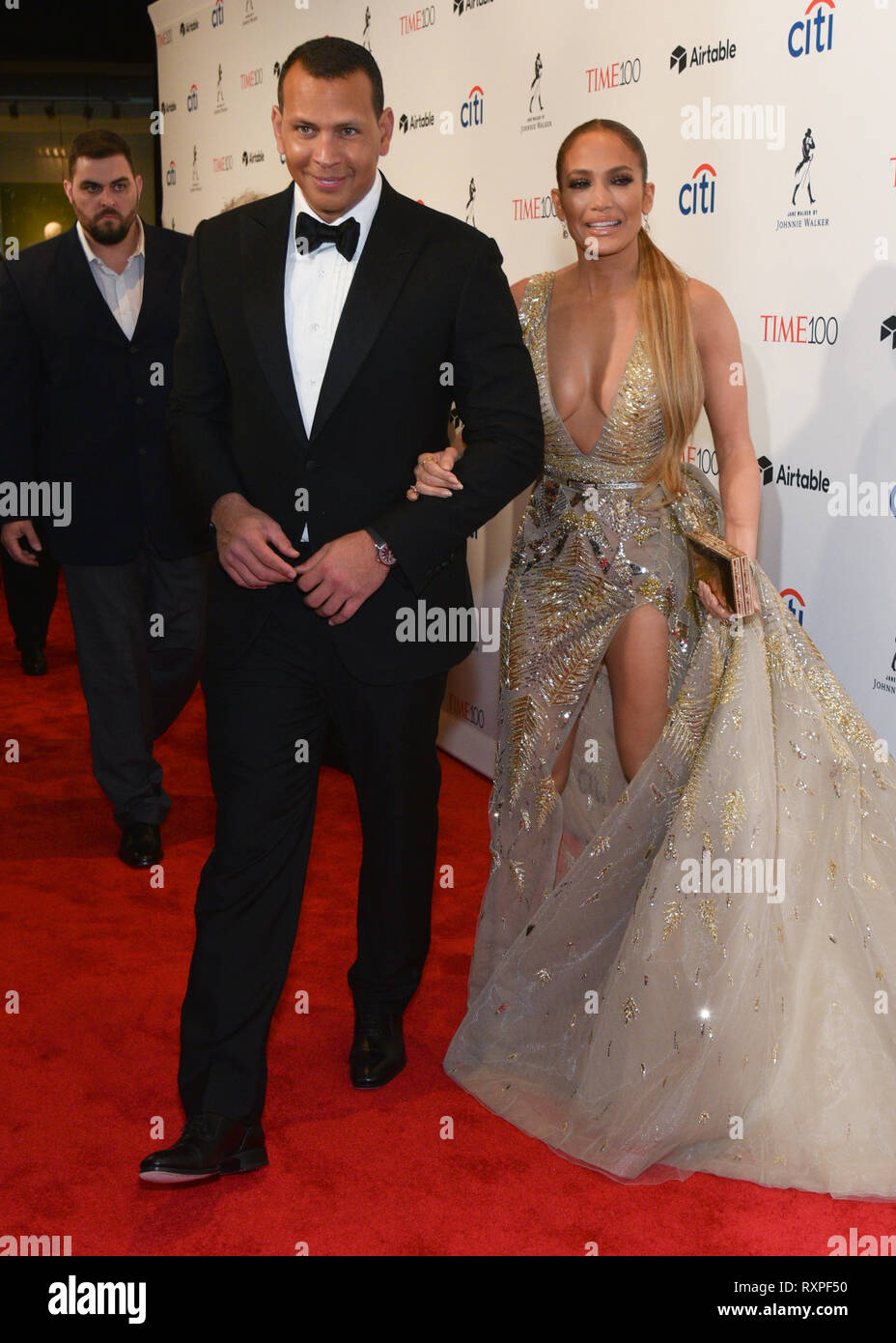 Alex Rodriguez and Jennifer Lopez attend the 2018 Time 100 Gala at Jazz at Lincoln Center on April 24, 2018 in New York City. Stock Photo