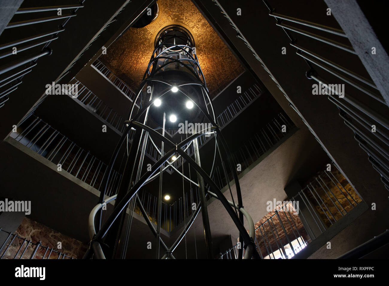 The new elevator and modern architecture inside the Old Town Hall Tower, Prague (Praha), Czech Republic Stock Photo
