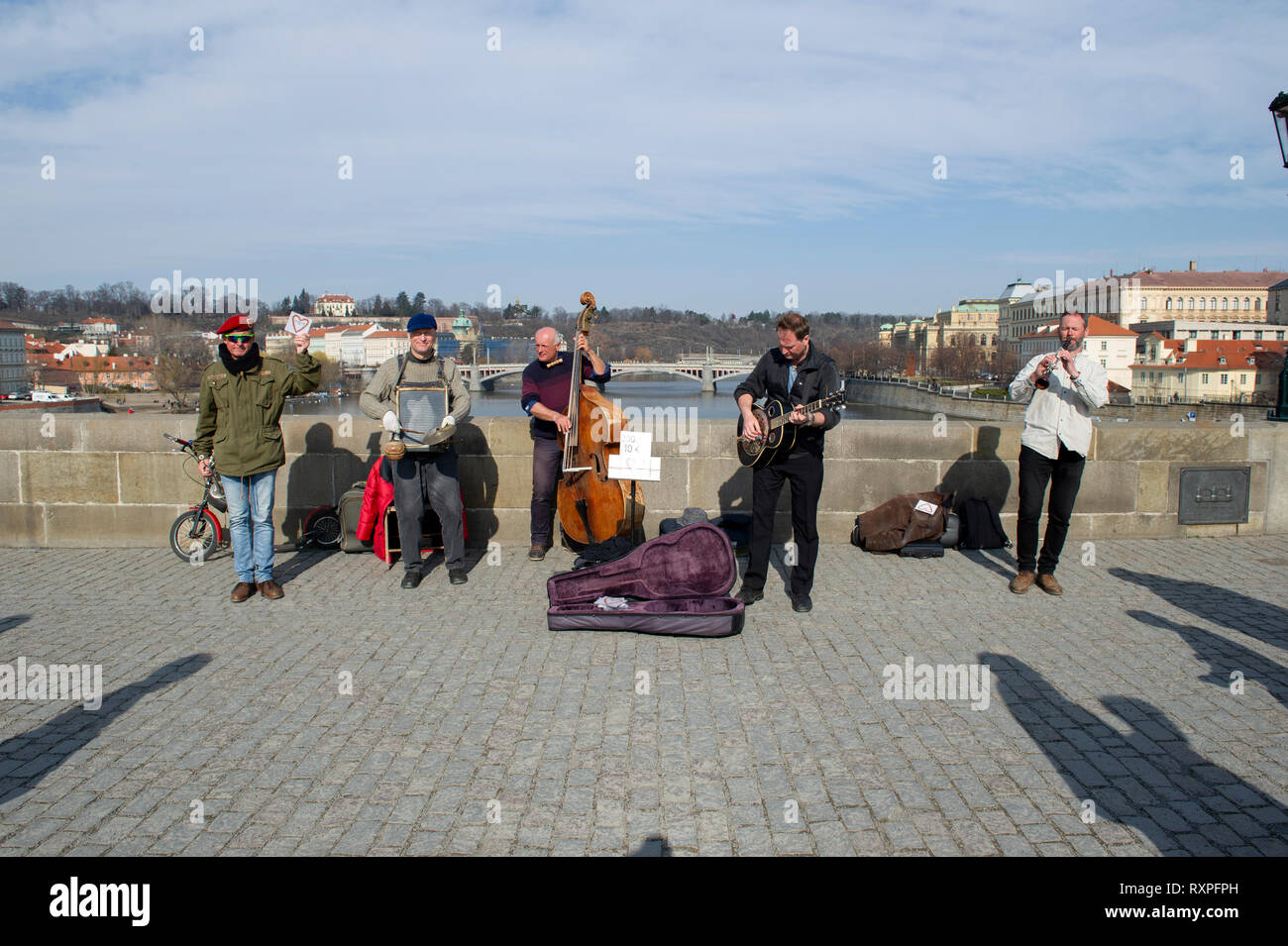 A band busking on Charles Bridge in Prague (Praha), Czech Republic Stock Photo