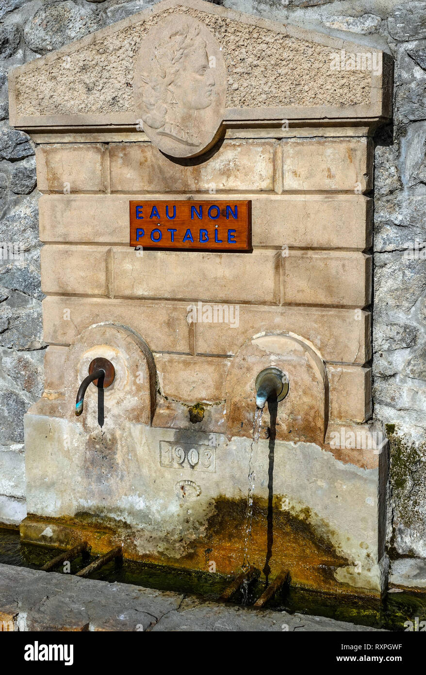 Water taps, non potable, taps, Tarascon sur Ariege, Ariege, French Pyrenees, Pyrenees, France, EU Stock Photo