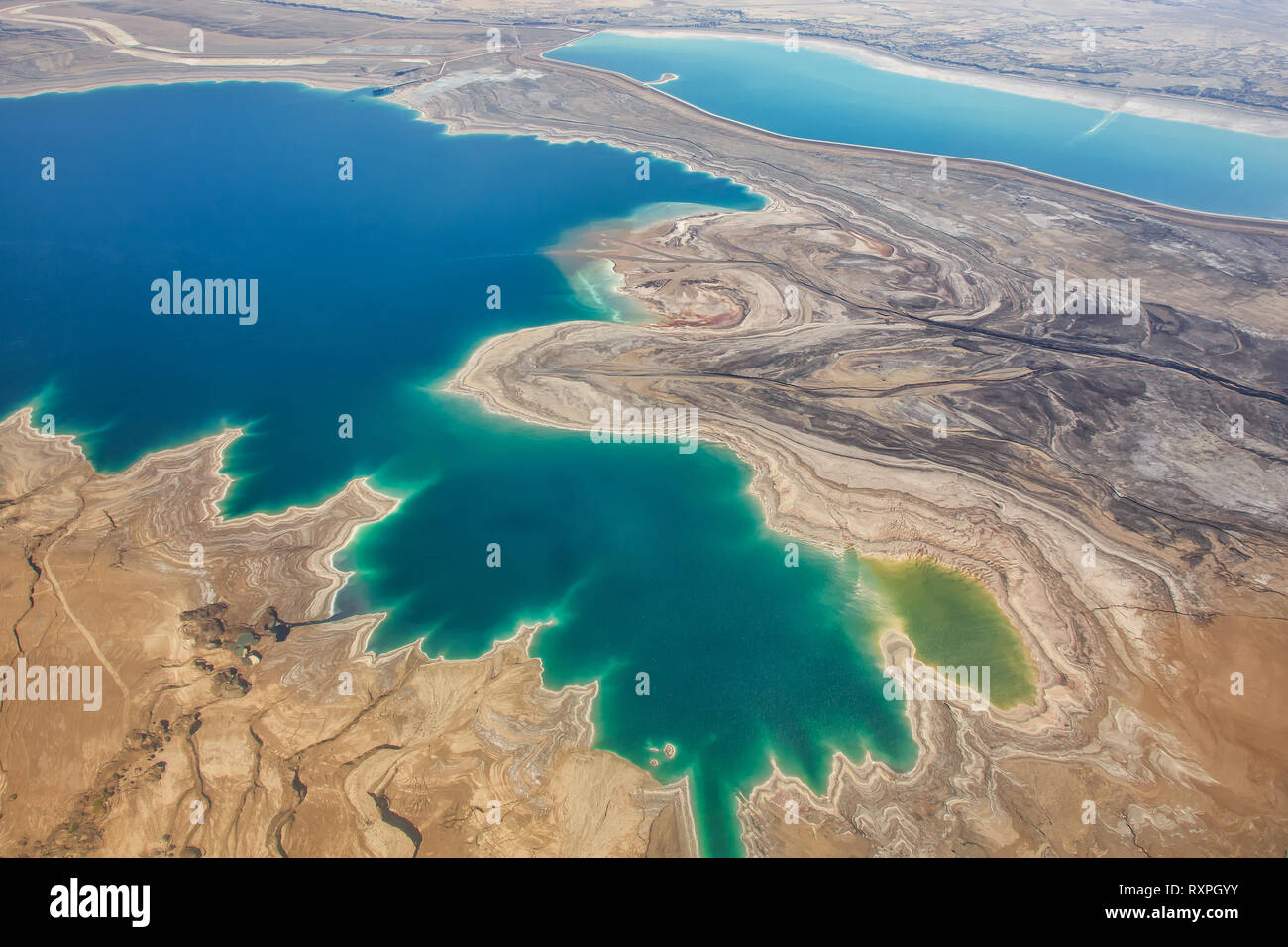 Dead Sea, ISRAEL - February 28, 2019: Flying over the salty Dead, Se, of Israel. Stock Photo