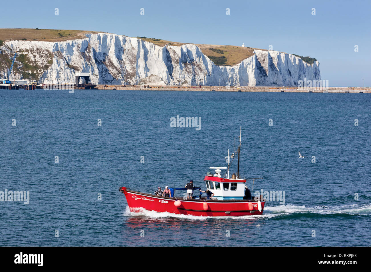 Famous white cliffs of Dover while, in the foreground, is a charter boat returning to the city's harbour. Dover, United Kingdom Stock Photo
