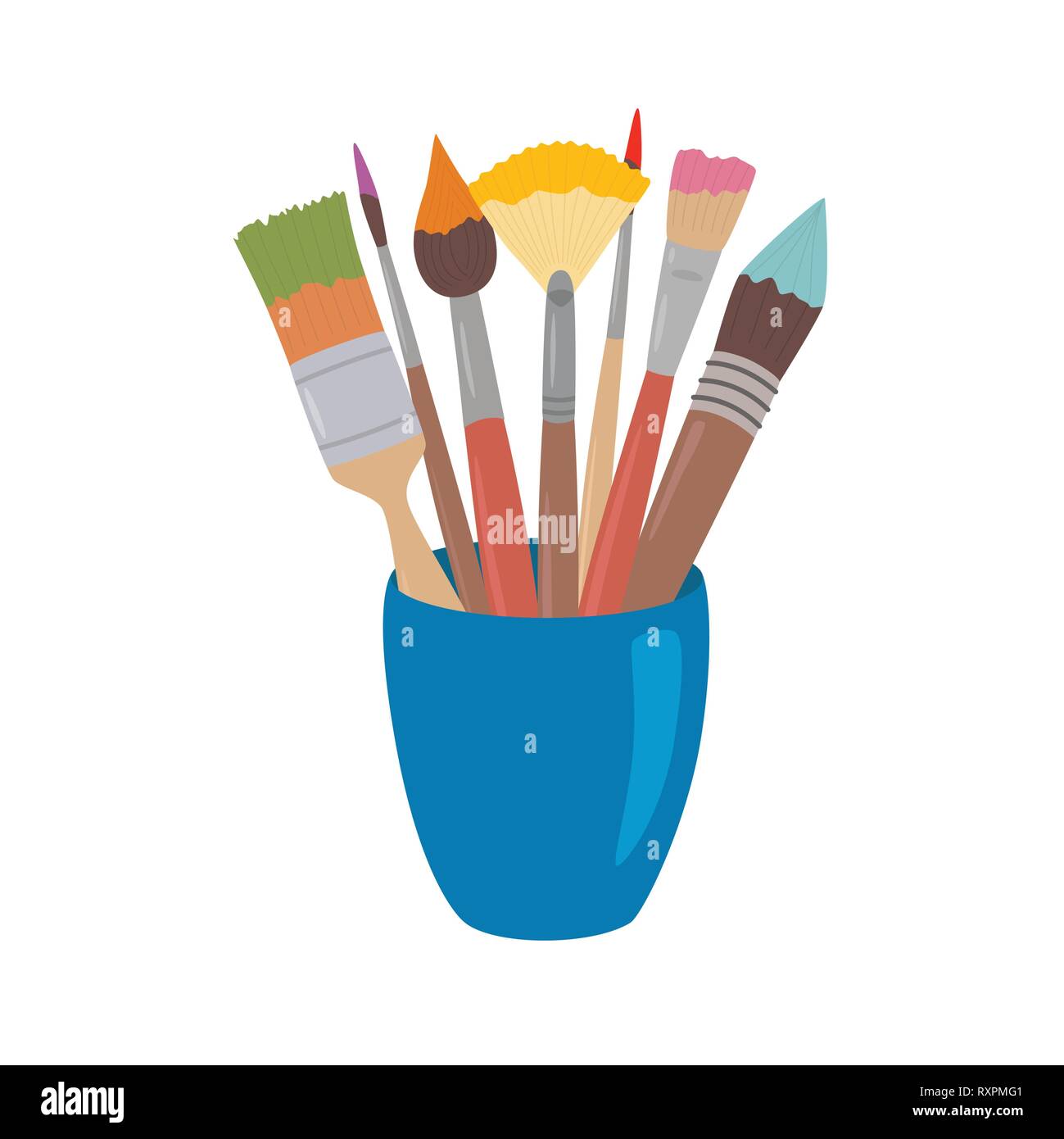 Paint brushes with colored paint in cup. Cartoon style design element for artist workplaceeinterior, school class, desk top Stock Vector