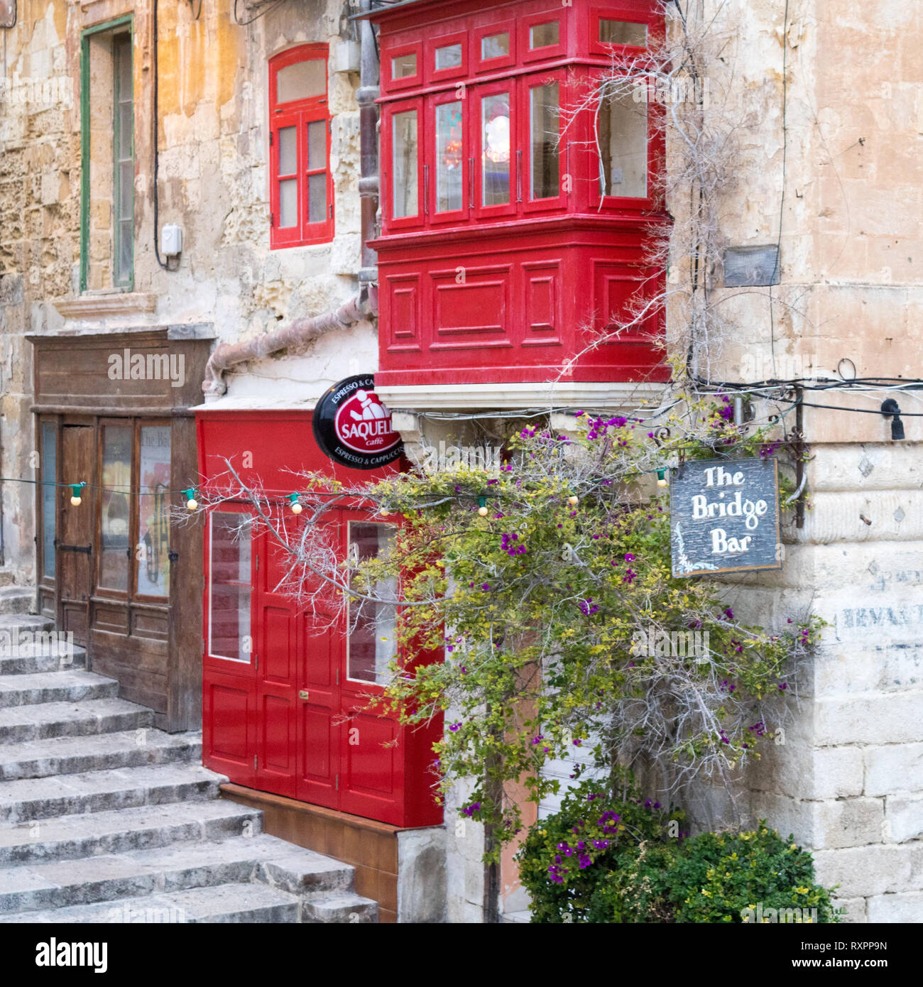 Outside view on the red colored bridge bar on Valetta, Malta near the harbour. Valletta, Malta, Europe Stock Photo
