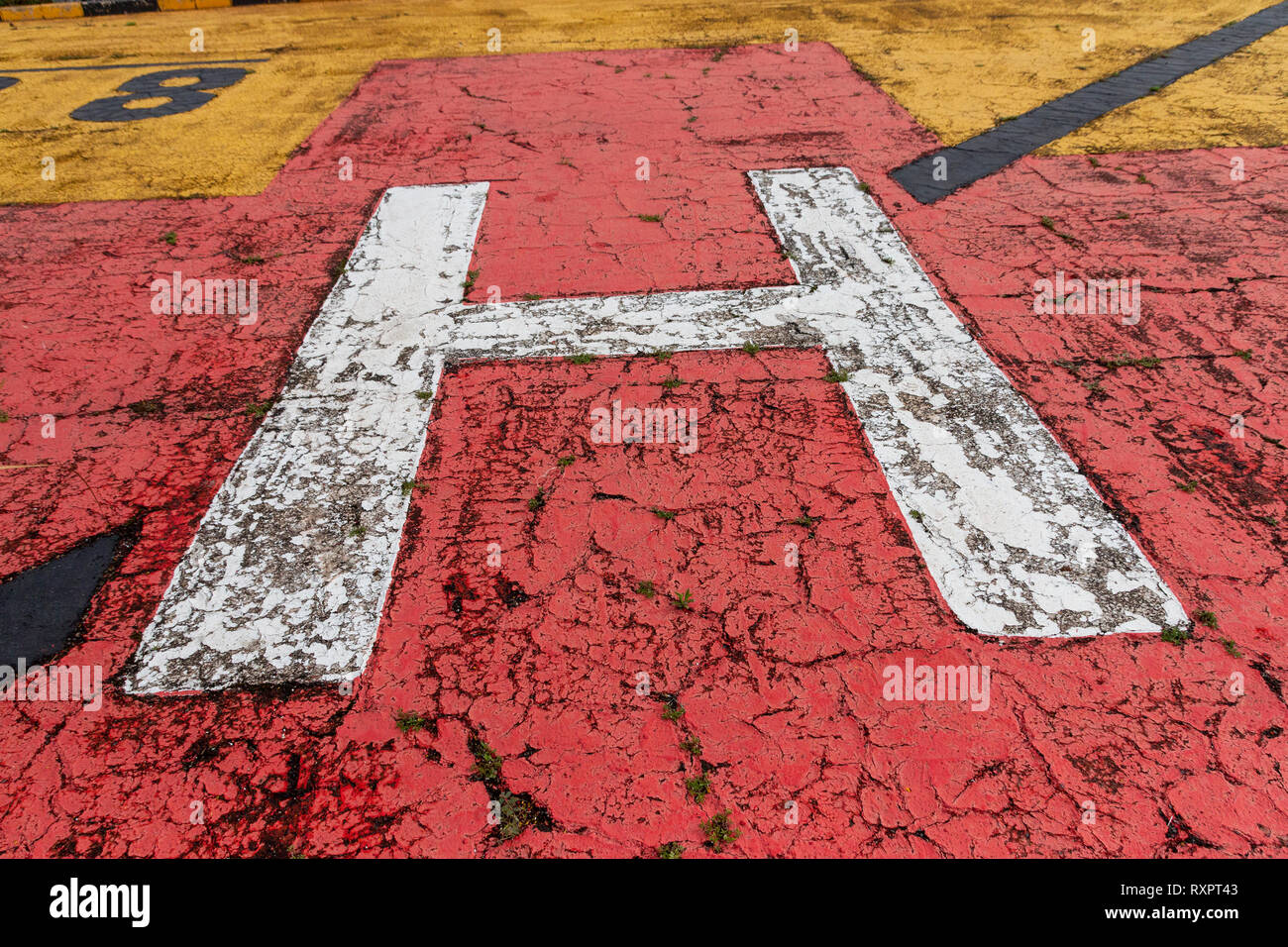 A close up side view of the designated helicopter landing area for the emergency hospital helicopters Stock Photo