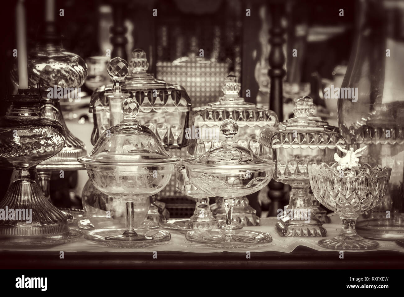 Vintage antique glassware, black and white photography Stock Photo