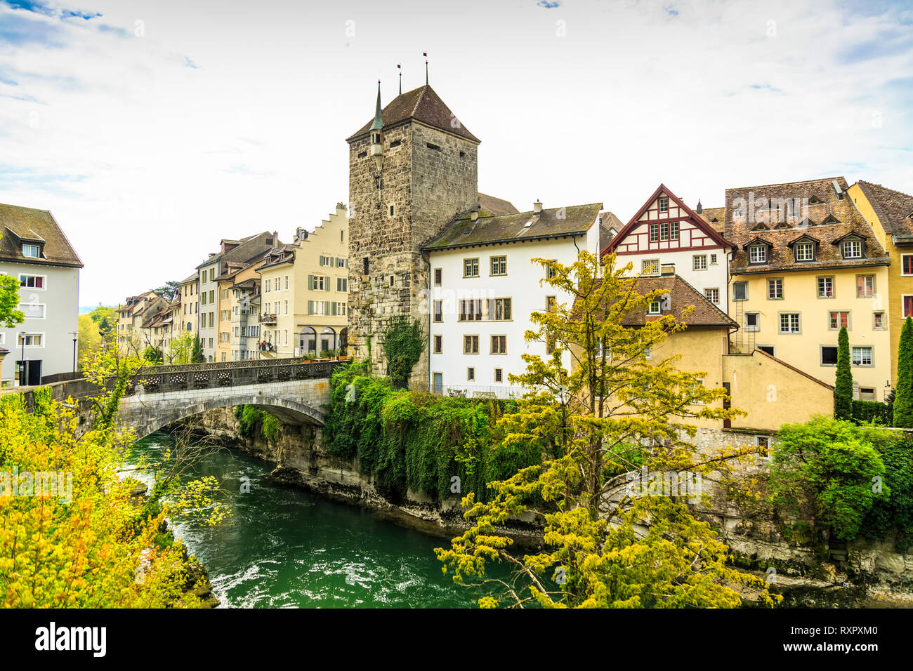 The Black Tower and Aare river in Brugg old town Stock Photo