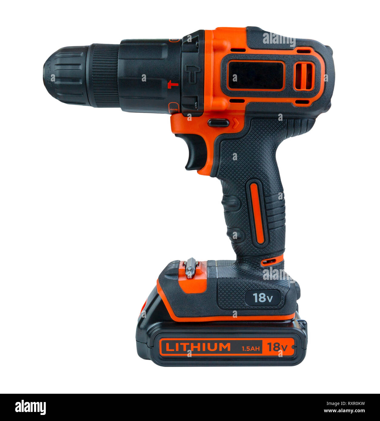 Battery powered cordless drill on an isolated white background Stock Photo