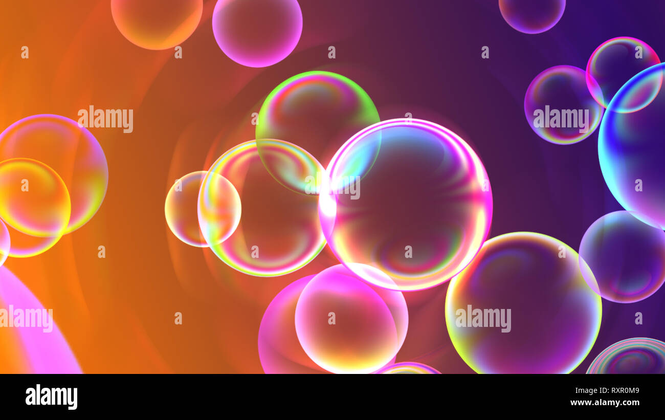 Multicolored soap bubbles are in space, sunlights, effect of