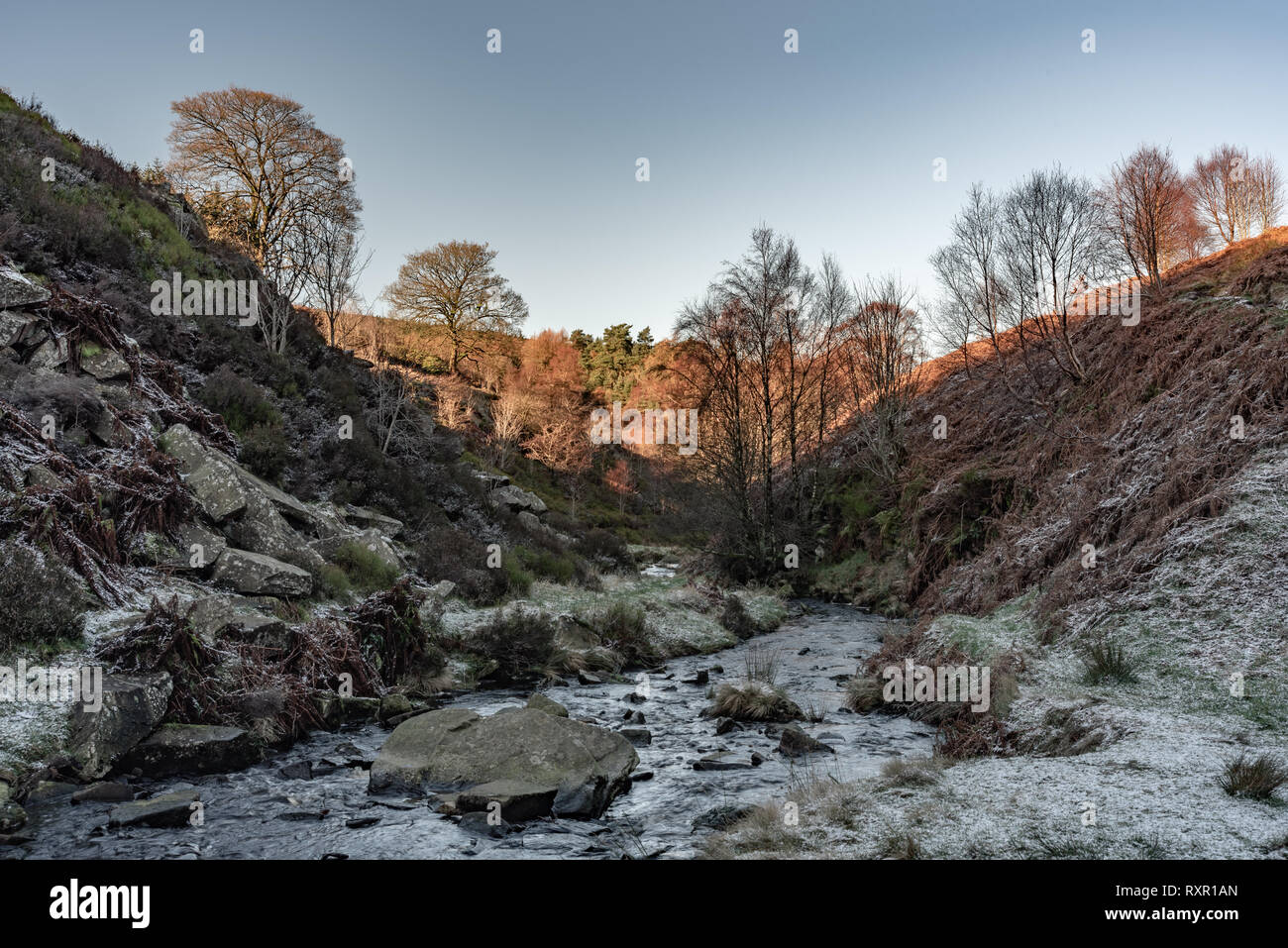 A packhorse bridge at Goyt valley within the Peak District National Park. Stock Photo